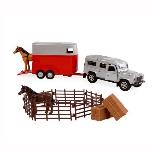 Juguete land rover con carro, caballos y corral